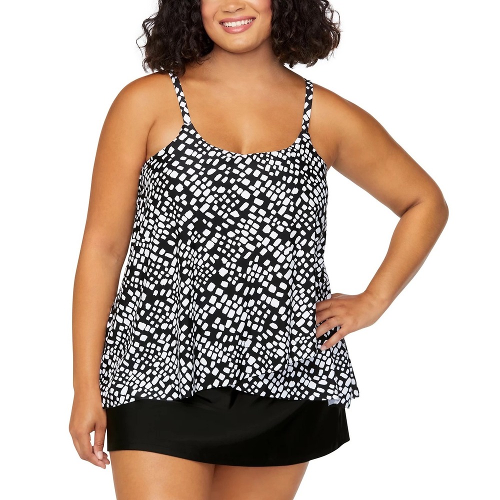 Island Escape Womens Black White Mosaic Print Hem Tankini‎ Top Sz 16 NWT